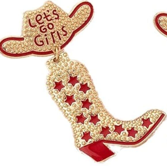Western "Let's Go Girls" Rhinestone Earrings (Red & Gold, Cowboy, Bachelorette) - Picture 2 of 8